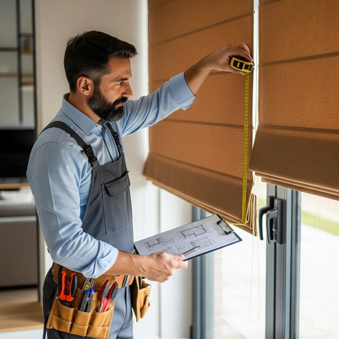 Artisan prenant les mesures pour l'installation de stores sur mesure, garantissant un ajustement parfait.