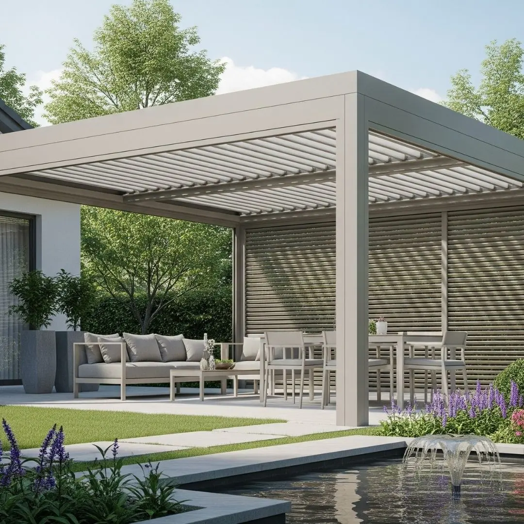 Pergola bioclimatique moderne avec lames ajustables, créant une oasis extérieure idéale.